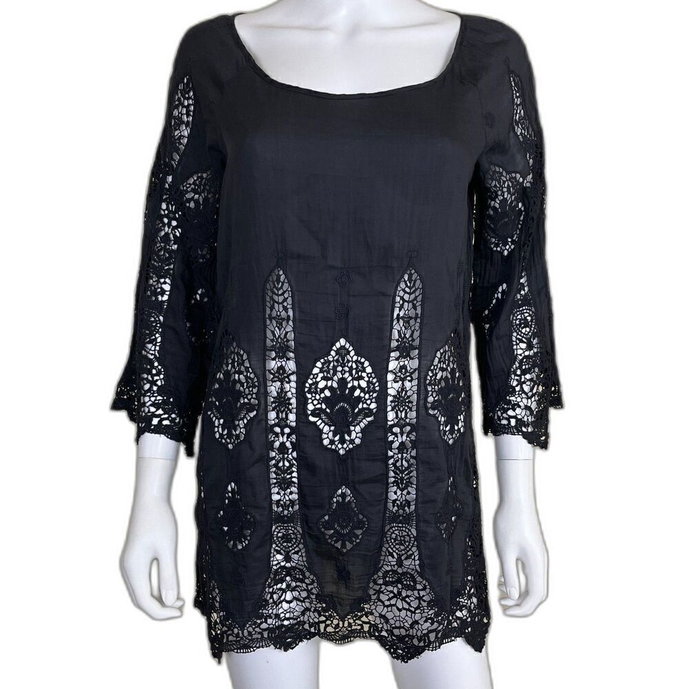 XCVI Womens Size XS Black Cotton Silk Crochet Embroiderd Tunic Pullover Top Boho